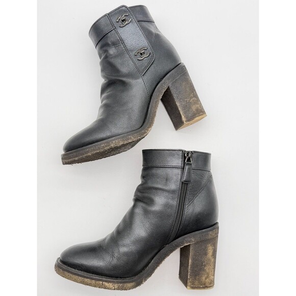 Chanel CC Turnlock Ankle Boots EU 36.5  US 6 Black Block Heel Booties - Picture 6 of 11